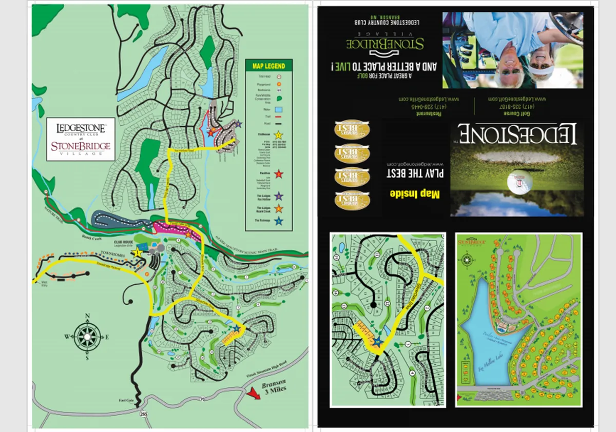 An expansive aerial view of the StoneBridge Resort grounds, highlighting the Ledgestone Golf Course layout, residential areas, and recreational zones. The lush fairways and winding paths are visible, inviting exploration and outdoor activities.