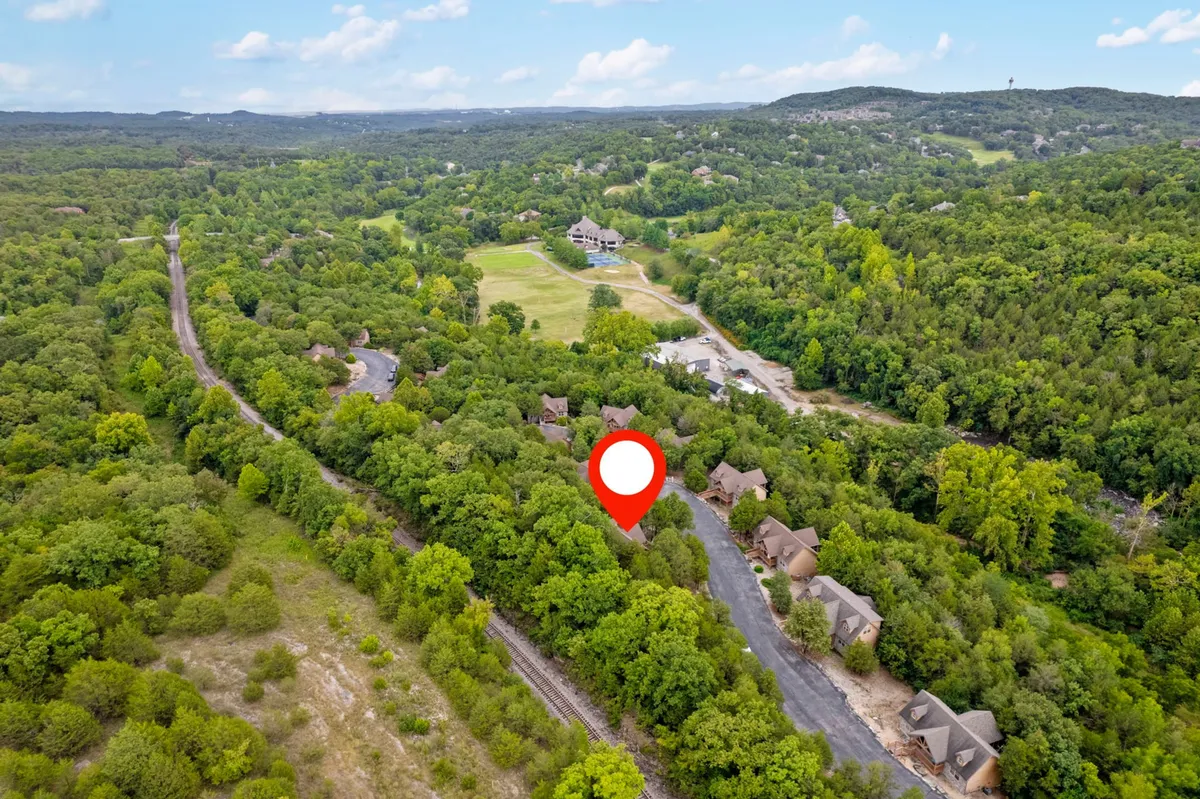 A wooded landscape with a road leading into the property, flanked by dense trees and residential homes, capturing the essence of peaceful nature walks and pet exploration.