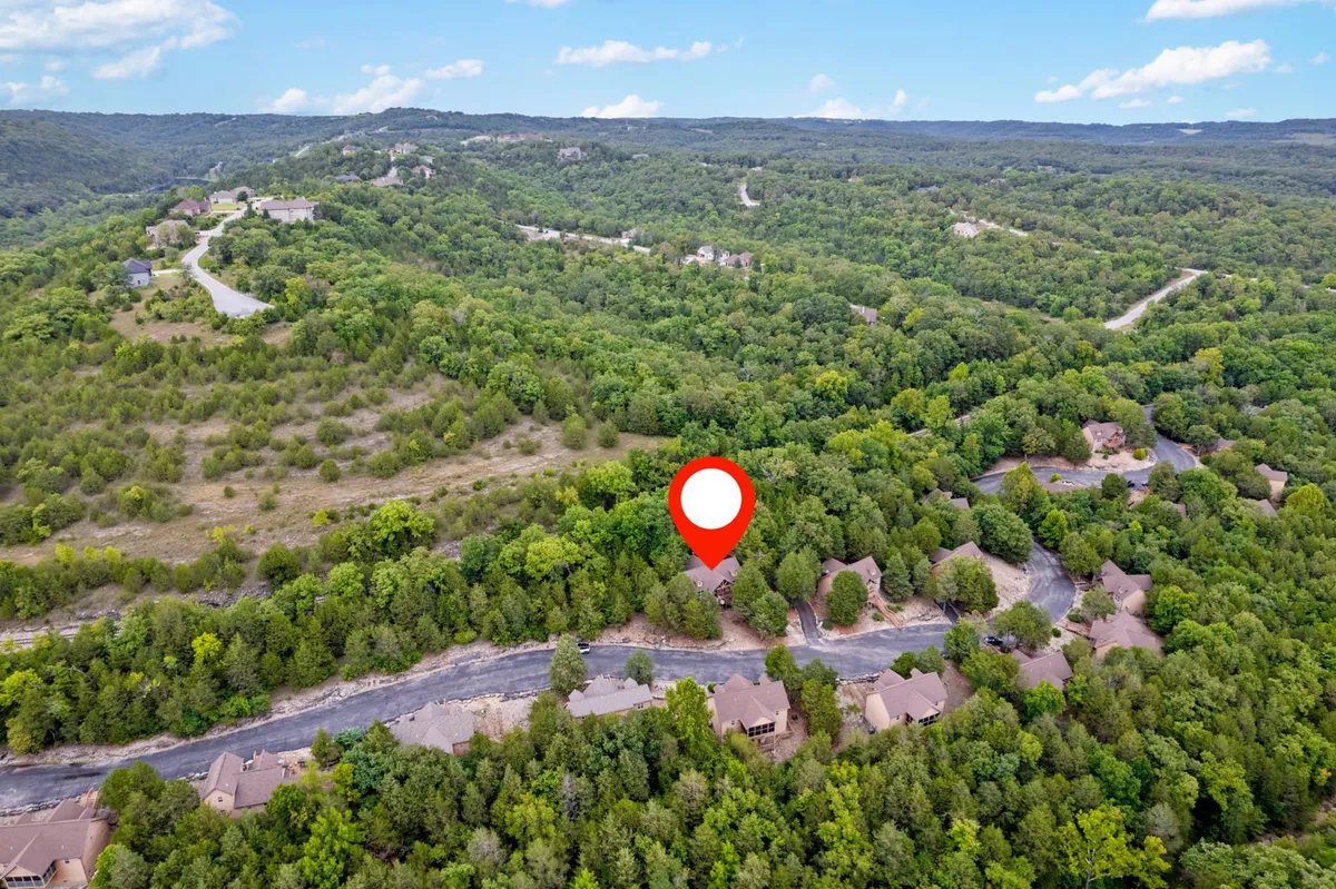 A scenic view of lush greenery, winding roads, and scattered homes, evoking the atmosphere of nature walks and exploration in the Ozarks.